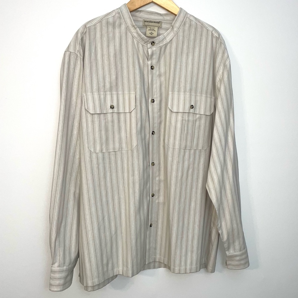 Scandia Woods Button Down Shirt XL Men’s Band Collar Beige Pinstripe Cotton